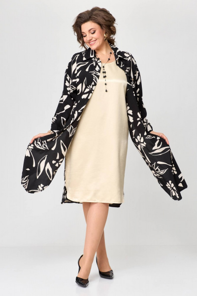 Элегантное платье-рубашка из текстиля с имитацией двухслойности Solomeya Lux 961 черный+кремовый - фото 5