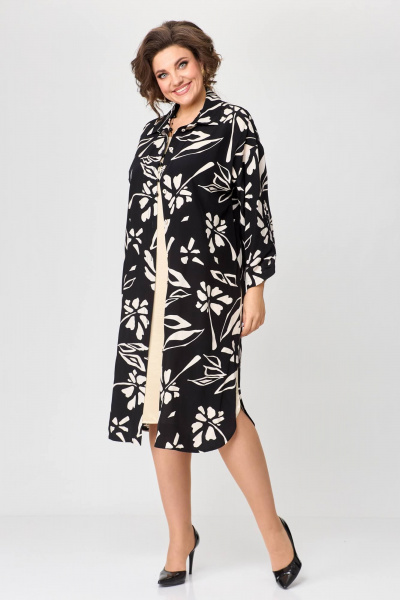 Элегантное платье-рубашка из текстиля с имитацией двухслойности Solomeya Lux 961 черный+кремовый - фото 4