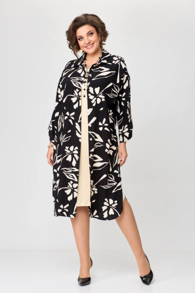 Элегантное платье-рубашка из текстиля с имитацией двухслойности Solomeya Lux 961 черный+кремовый - фото 2