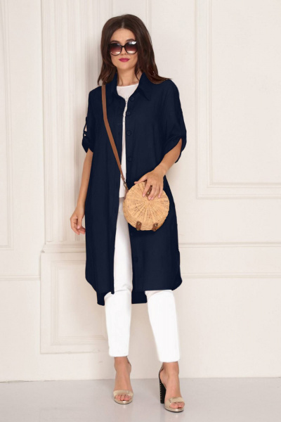 Тройка брюк, топ и жакет из текстиля с аппликацией из страз Solomeya Lux 713 темно-синий+белый - фото 1