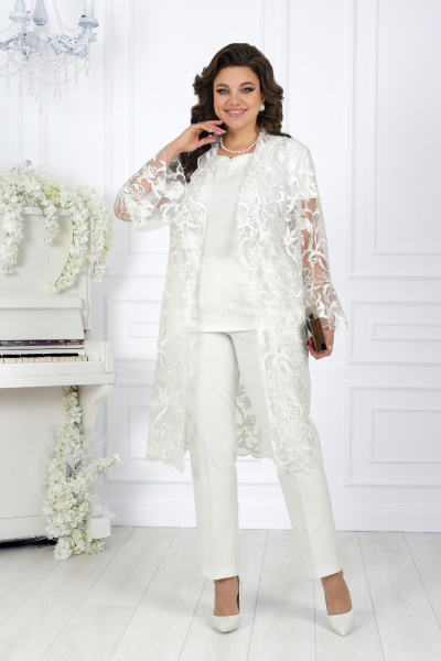 Вечерний брючный костюм из гипюра и сатина с поясом Ninele 5989 молочный - фото 7