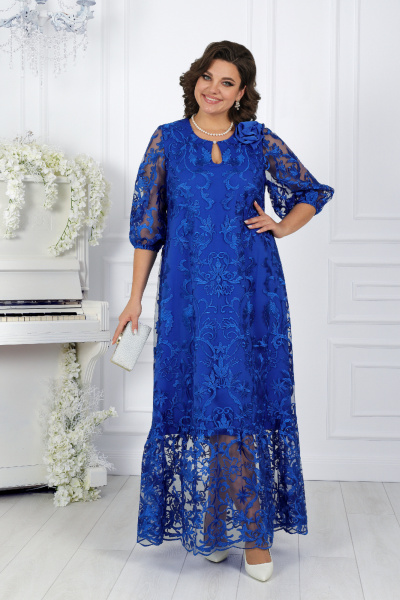 Вечернее кружевное платье макси с атласным поясом Ninele 7444 василек - фото 2