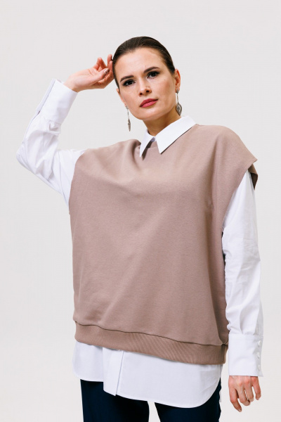 Жилет свободный из трикотажа с поясом ANIDEN 62-1 бежевый - фото 3