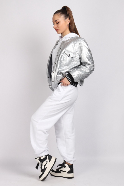 Свободный серый жакет из эко-кожи с накладными карманами Mia-Moda 1499-2 - фото 5