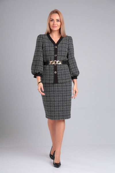 Демисезонный серый комплект жакет и юбка из вискозы Gamma Gracia 509 серый_черная_клетка - фото 1