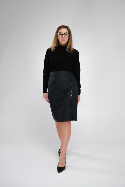 Юбка из эко-кожи с кружевом и молнией черная Klever 297 черный - фото 5