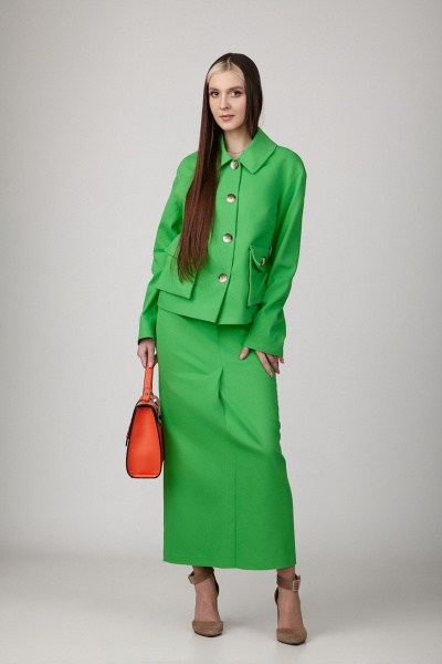 Джинсовый комплект зеленый с укороченным жакетом и миди-юбкой Rosheli 891 - фото 1