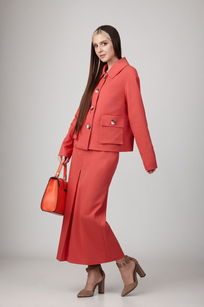 Джинсовый комплект оранжевый с миди-юбкой и карманами Rosheli 891/1 - фото 1