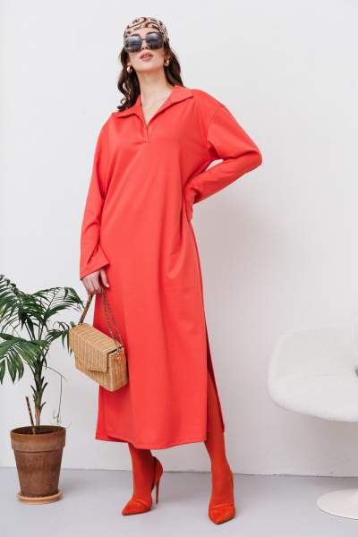 Платье с запахом и карманами из трикотажа и вискозы NikVa 446 коралл - фото 2