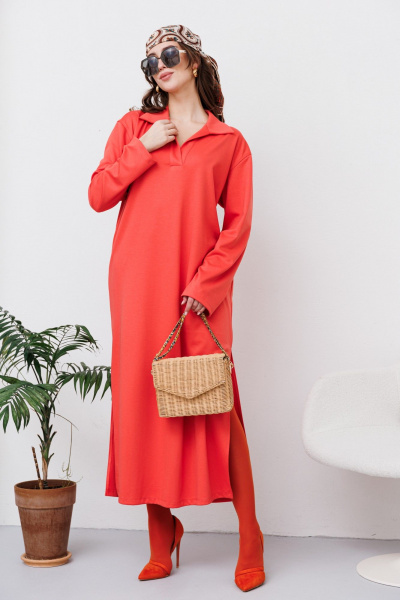 Платье с запахом и карманами из трикотажа и вискозы NikVa 446 коралл - фото 1