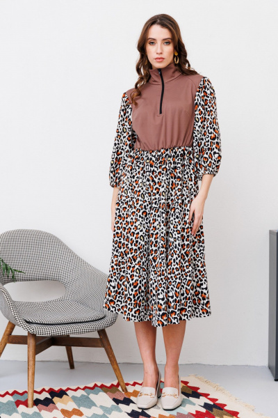 Платье А-силуэта из смешанных тканей с тесьмой-молнией NikVa 447-1 шоколад_рыжий леопард - фото 7