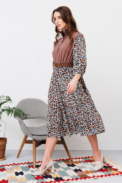 Платье А-силуэта из смешанных тканей с тесьмой-молнией NikVa 447-1 шоколад_рыжий леопард - фото 6