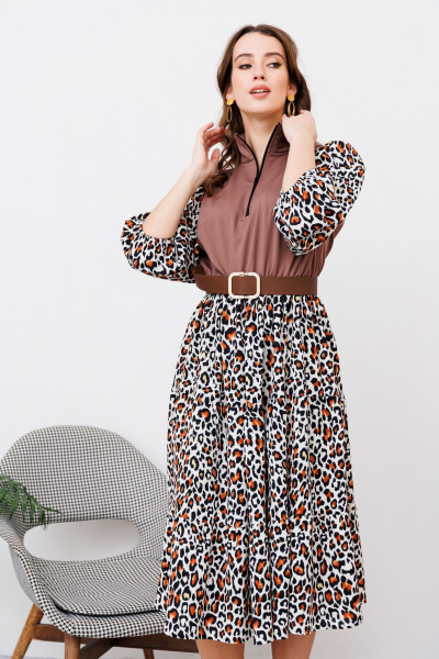 Платье А-силуэта из смешанных тканей с тесьмой-молнией NikVa 447-1 шоколад_рыжий леопард - фото 4