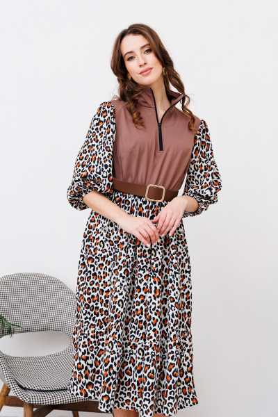 Платье А-силуэта из смешанных тканей с тесьмой-молнией NikVa 447-1 шоколад_рыжий леопард - фото 3