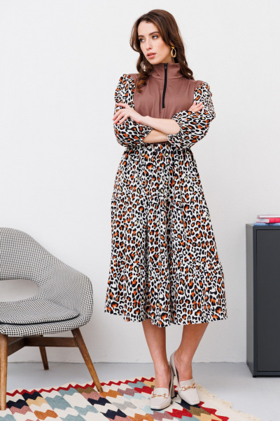 Платье А-силуэта из смешанных тканей с тесьмой-молнией NikVa 447-1 шоколад_рыжий леопард - фото 2