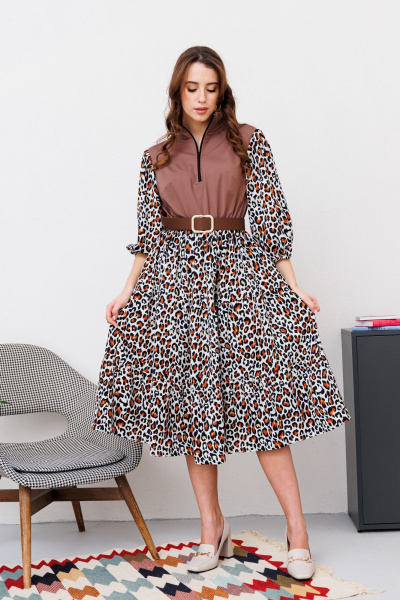 Платье А-силуэта из смешанных тканей с тесьмой-молнией NikVa 447-1 шоколад_рыжий леопард - фото 1