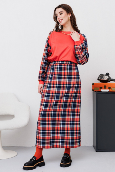 Джемпер, юбка NikVa 452 клетка_мульти_коралл - фото 3