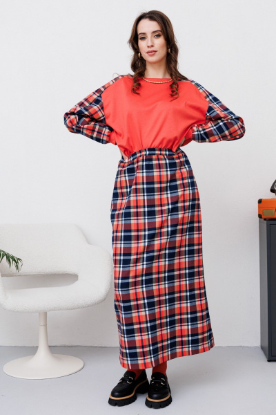 Джемпер, юбка NikVa 452 клетка_мульти_коралл - фото 2