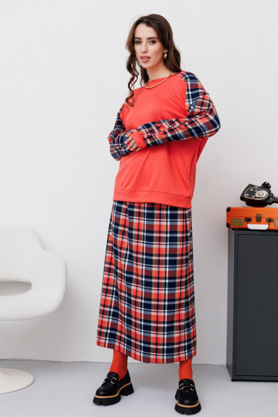 Джемпер NikVa 455 клетка_мульти_коралл - фото 1