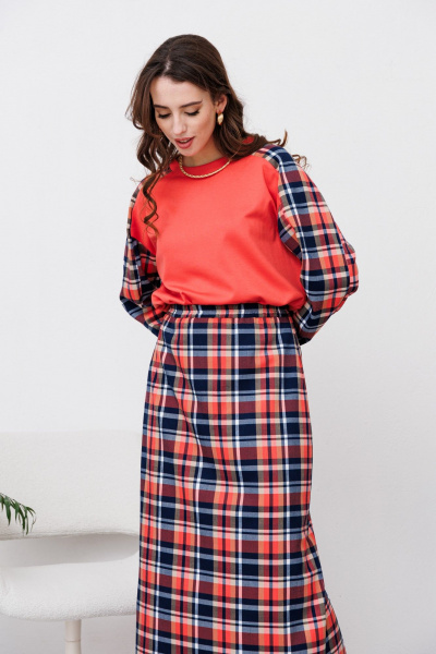 Джемпер NikVa 455 клетка_мульти_коралл - фото 3