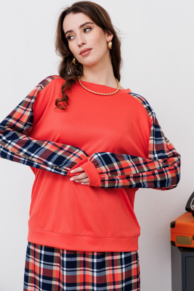 Джемпер NikVa 455 клетка_мульти_коралл - фото 2