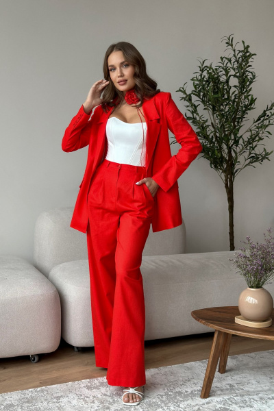 Деловой костюм жакет и палаццо из текстиля и льна Dilana VIP 1992 красный - фото 10