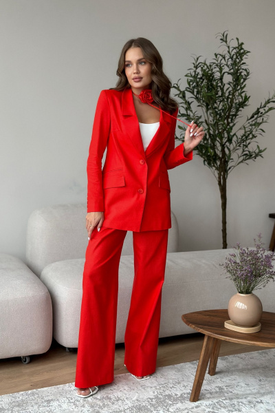 Деловой костюм жакет и палаццо из текстиля и льна Dilana VIP 1992 красный - фото 9
