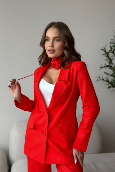 Деловой костюм жакет и палаццо из текстиля и льна Dilana VIP 1992 красный - фото 8