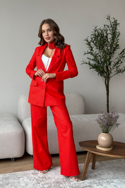 Деловой костюм жакет и палаццо из текстиля и льна Dilana VIP 1992 красный - фото 7