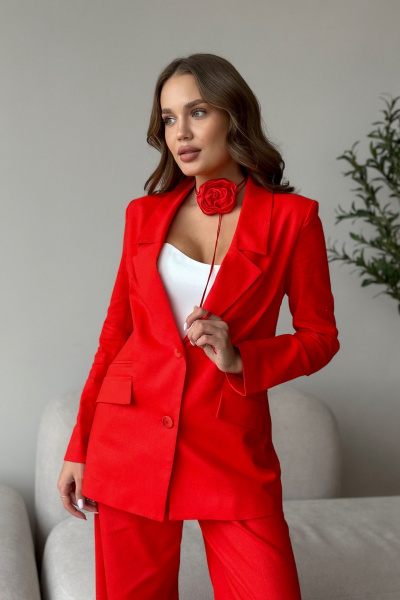 Деловой костюм жакет и палаццо из текстиля и льна Dilana VIP 1992 красный - фото 5