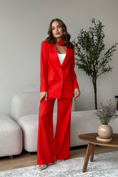 Деловой костюм жакет и палаццо из текстиля и льна Dilana VIP 1992 красный - фото 1