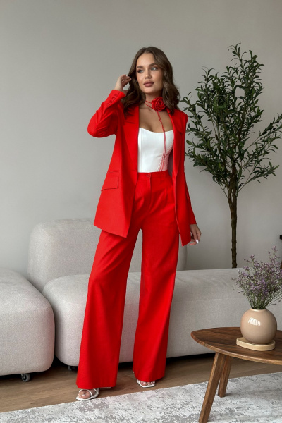 Деловой костюм жакет и палаццо из текстиля и льна Dilana VIP 1992 красный - фото 4