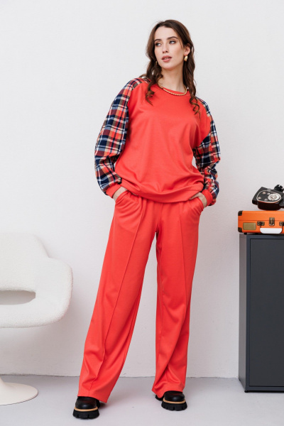 Брюки, джемпер NikVa 457 клетка_мульти_коралл - фото 2