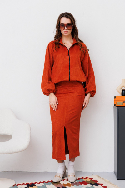 Миди юбка из замши на резинке с разрезом спереди NikVa 476-1 терракот - фото 1