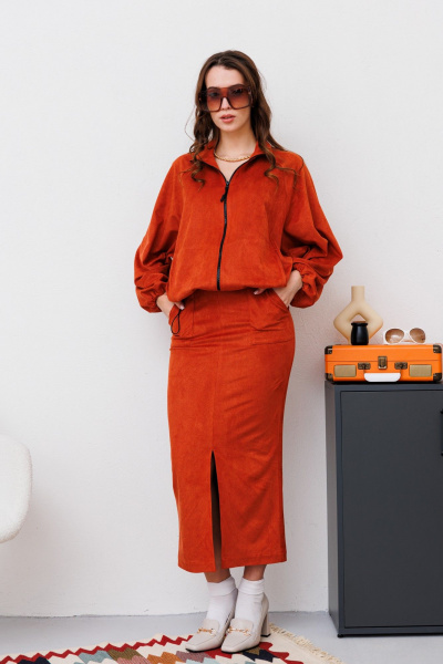 Миди юбка из замши на резинке с разрезом спереди NikVa 476-1 терракот - фото 2