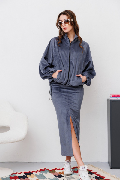 Серебристая вельветовая юбка миди с разрезом NikVa 476-2 графит - фото 1