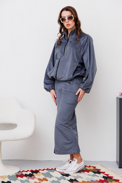 Серебристая вельветовая юбка миди с разрезом NikVa 476-2 графит - фото 2