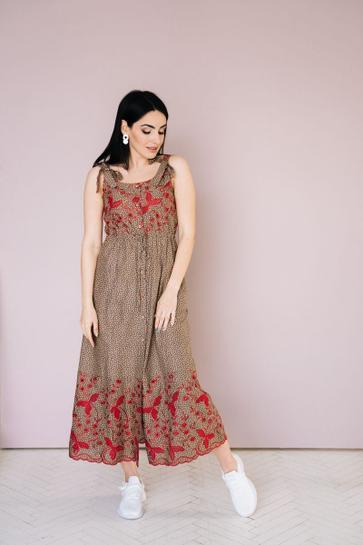 Летний сарафан из плательной ткани с карманами и бантами TVIN 8108 коричневый_с_красным - фото 3