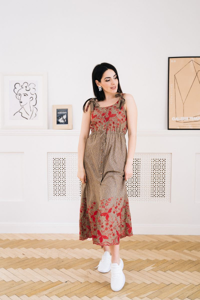 Летний сарафан из плательной ткани с карманами и бантами TVIN 8108 коричневый_с_красным - фото 1