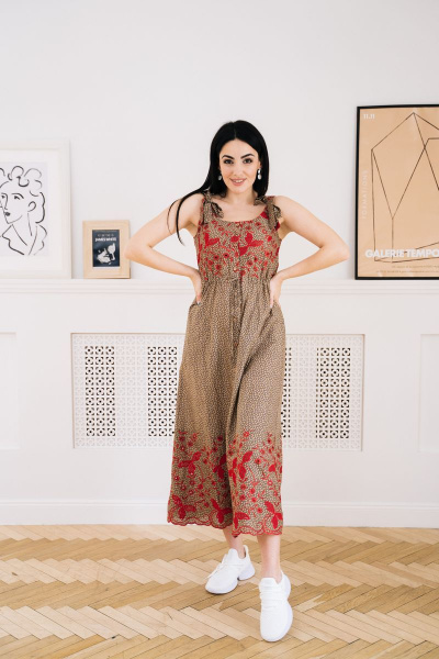 Летний сарафан из плательной ткани с карманами и бантами TVIN 8108 коричневый_с_красным - фото 2