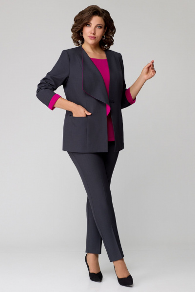 Трехпредметный комплект из текстиля: жакет, брюки, блуза, демисезон Мишель стиль 1145 графит_фуксия - фото 5