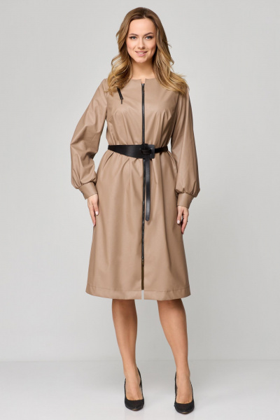 Демисезонное платье из эко-кожи с молниями и карманами Мишель стиль 1174 кофейный - фото 6