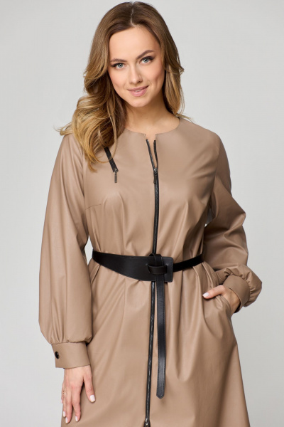 Демисезонное платье из эко-кожи с молниями и карманами Мишель стиль 1174 кофейный - фото 3