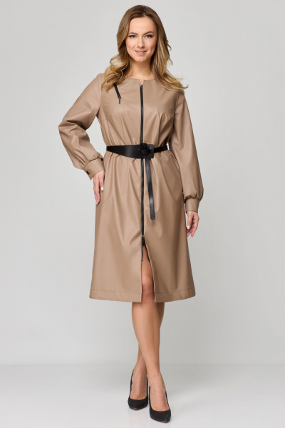 Демисезонное платье из эко-кожи с молниями и карманами Мишель стиль 1174 кофейный - фото 1