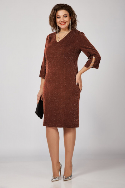 Платье коричневое трикотажное с люрексом в нарядном стиле Орхидея 1370-1 терракот - фото 1