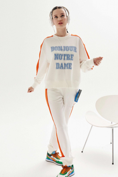 Блуза из хлопка и трикотажа с застежкой на петли Lokka 1325 белый-оранжевый - фото 1