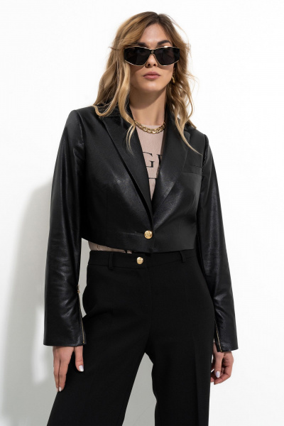 Кроп-жакет из эко-кожи на пуговице для casual и офиса SILVERSPICE S-2420 черный - фото 9