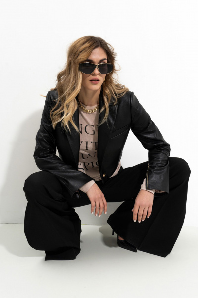 Кроп-жакет из эко-кожи на пуговице для casual и офиса SILVERSPICE S-2420 черный - фото 8