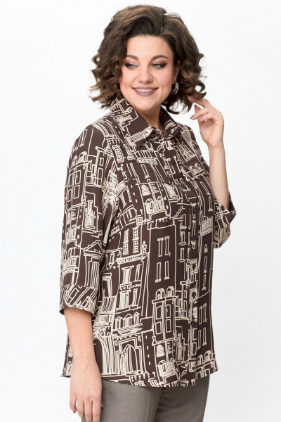 Коричневая прямого кроя блуза с накладными карманами из хлопка БелЭльСтиль 408-2 62 22 коричневый - фото 6