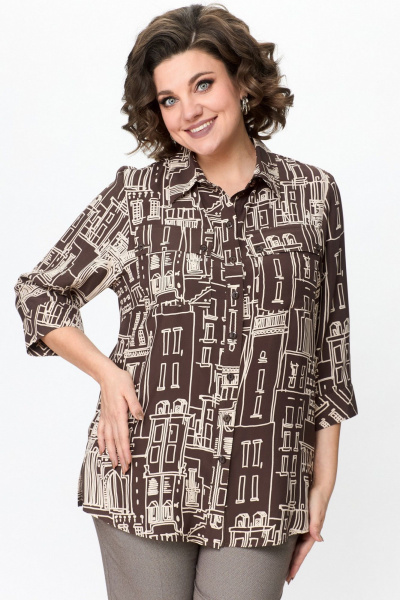 Коричневая прямого кроя блуза с накладными карманами из хлопка БелЭльСтиль 408-2 62 22 коричневый - фото 5